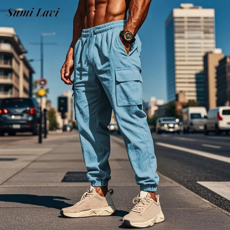 Autumn Daily Casual Breathable Cotton Pants For Men Streetwear Fashion Multi Pockets Cargo Vintage Mens Solid Color 240806