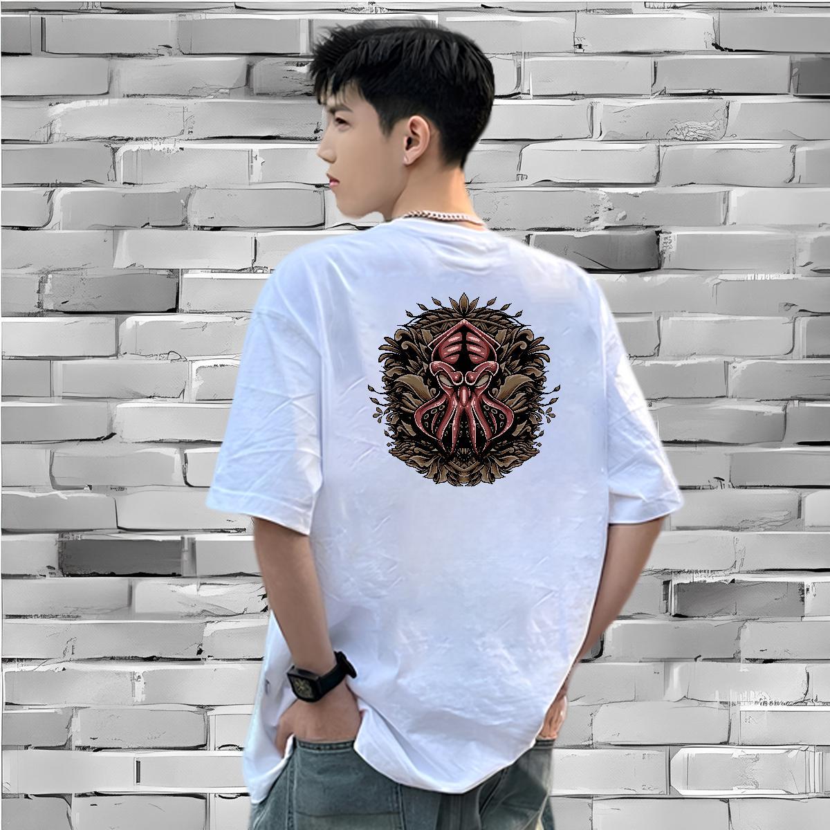 Customized T Shirts Men 230g 100% Cotton octopus Street wear Hip Hop Tops Crew Neck Breathable Soft Tshirts Graphic