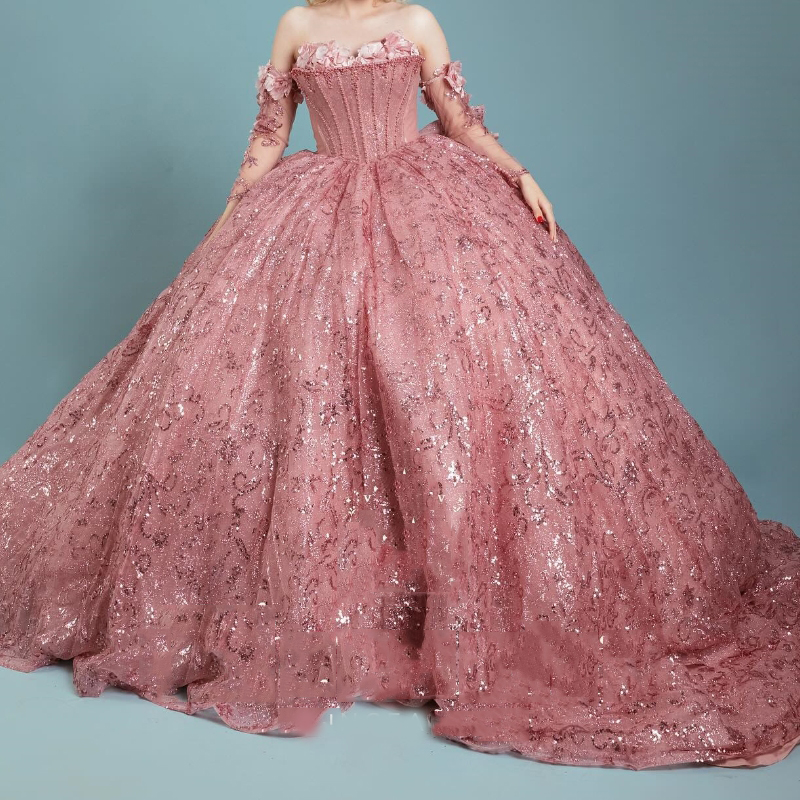 Pink Shiny Princess Quinceanera Dress Off Shoulder Lace Beading Crystal Pearls Tull Sweet 16 Birthday Party Gown Vestidos De 15 Anos