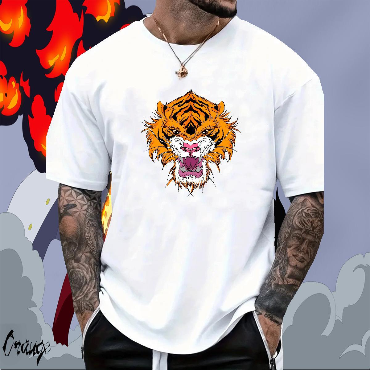 TOP Quality Tshirts 230g Pure Cotton Beach tiger Cartoon Printing L-4XL O Neck Short Sleeves Designer Mens T Shirts Clothes