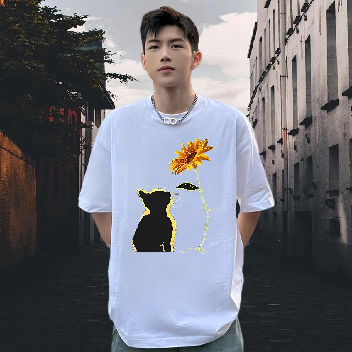 Fashion Man T Shirts 230g 100% Cotton cat Daily Wear Tee Shirt Breathable Short Sleeve Loose Fit Men Tees Custom Anime