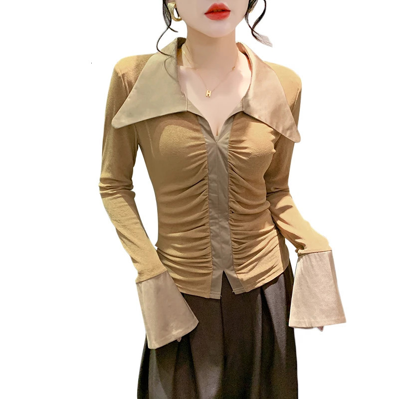 MadBlack European Clothes Tshirt Women Turn Down Collar Patchwork Slim Tops Long Flare Sleeve Tees Autumn Spring T30404JM 240806