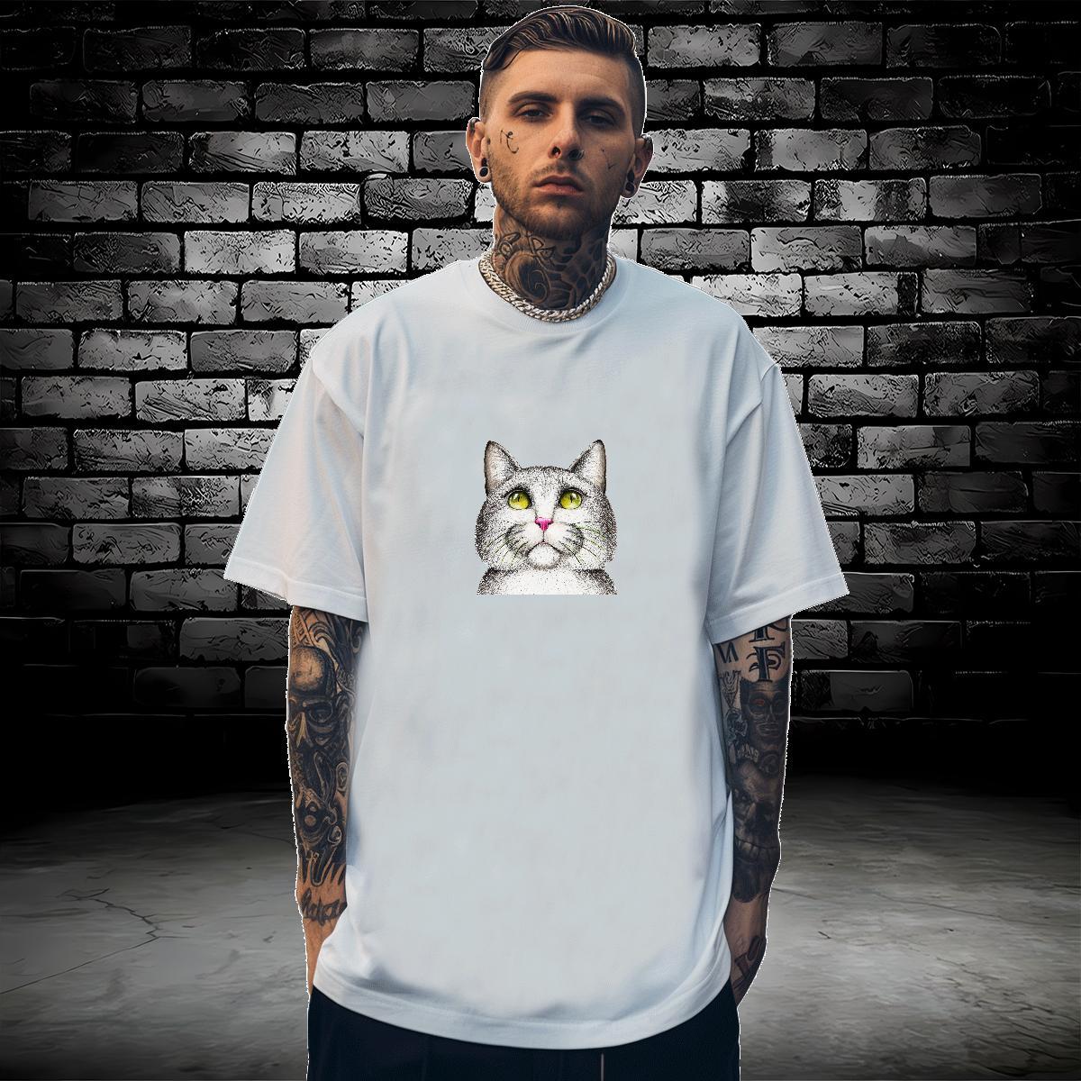 T Shirt For Man 230g Cotton cat Summer Casual O-Neck Short Sleeve DIY Anime Men Tshirts New Designer Classic Tees