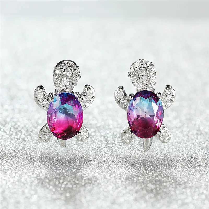 Blue purple oval gradient zircon rainbow stone turtle stud earrings womens fashion jewelry multi-color crystal animal earrings W240803