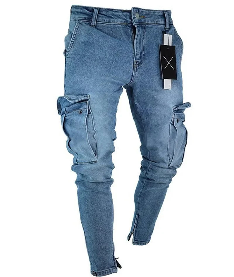 Spring selling stretch mens jeans fashion trend casual knee wear resistant comfortable zipper foot skateboard pants240806