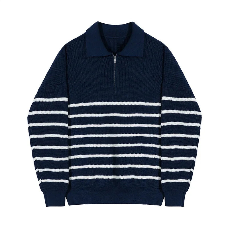 Autumn Korean Mens Light Style Lapel Long Sleeve Sweater Fashion High-end Loose Retro Casual Half Zip Striped Sweater Top 240729