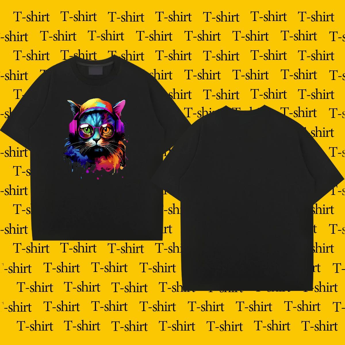 New Designer T Shirts Men 230g Pure Cotton colorful cat Hip Hop Tees Breathable Crew Neck TOP Quality Men Tops Tees Anime