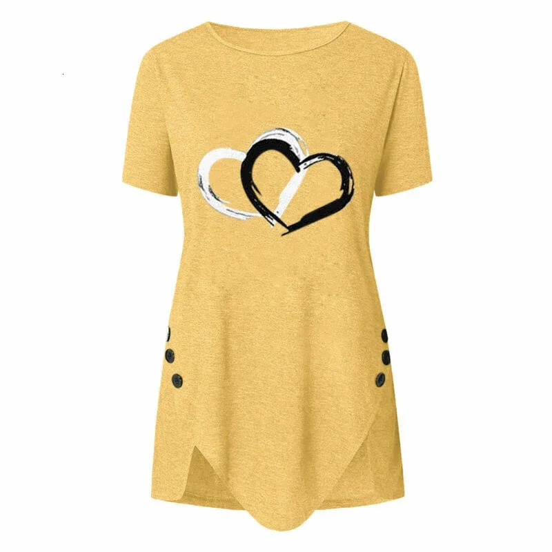 Womens Short-sleeve Heart Printed T-shirt Summer Casual Loose Long Top Tee Shirt Clothing Fashion T Shirt Streewear Oversized 240806