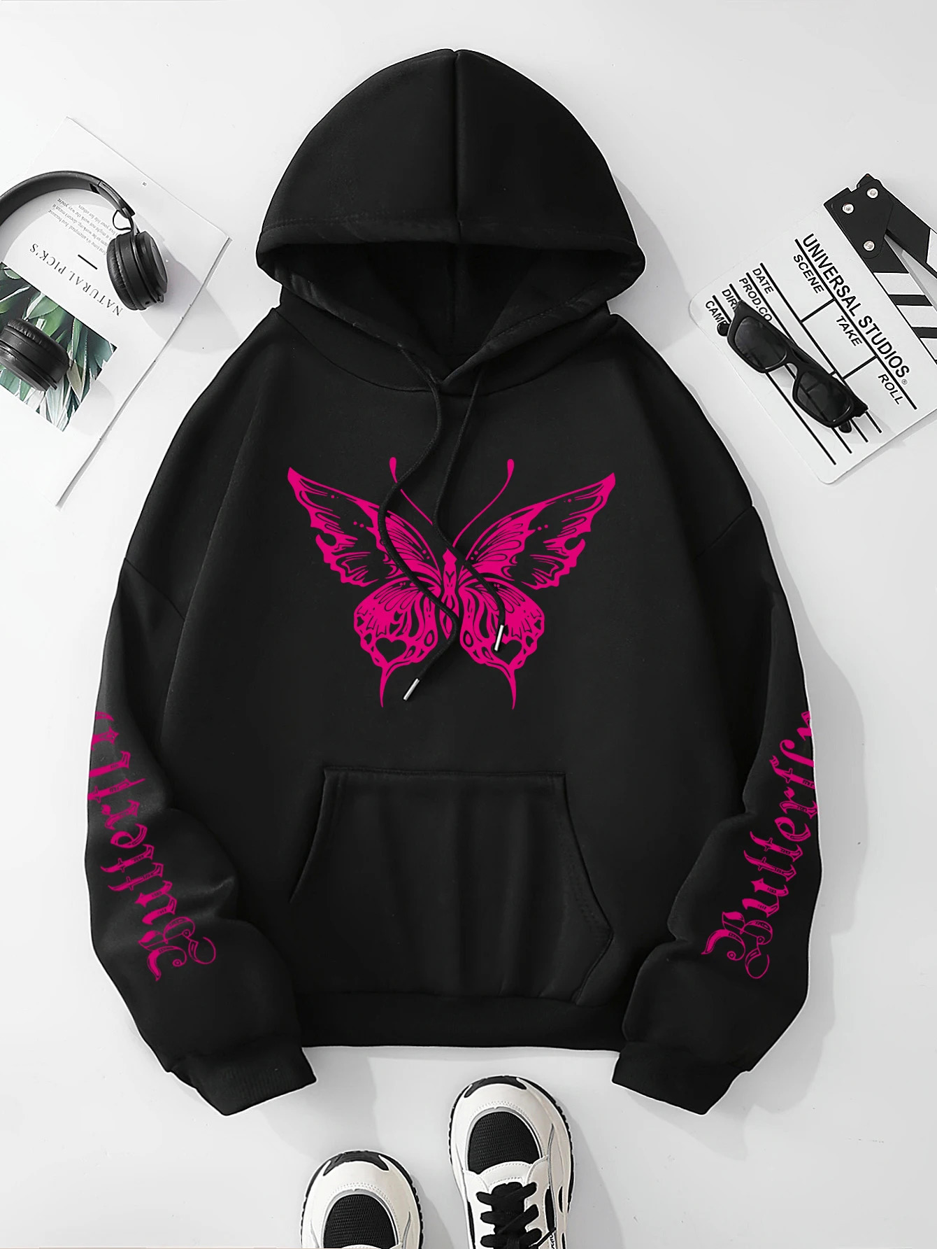 Butterfly Letter Print Drawstring Hoodie Casual Long Sleeve Kangaroo Pocket Hoodie Sweatshirt Womens Clothing 240806