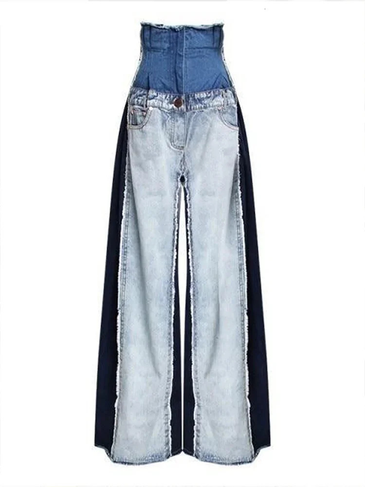 Women High Waist Jeans Patwork Vintage Streetwear Denim Pants Casual Colorblock Patchwork Raw Trim Wide Leg Denim Jeans Trousers 240806