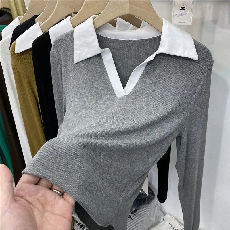 Patchwork Color Lapel Long Sleeve T Shirt Women Basic Shirts Fall Casual Elastic Rib-knit Polo Shirt Y2k Top Women Clothing 240806