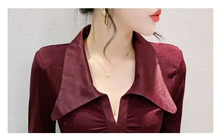 MadBlack European Clothes Tshirt Women Turn Down Collar Patchwork Slim Tops Long Flare Sleeve Tees Autumn Spring T30404JM 240806
