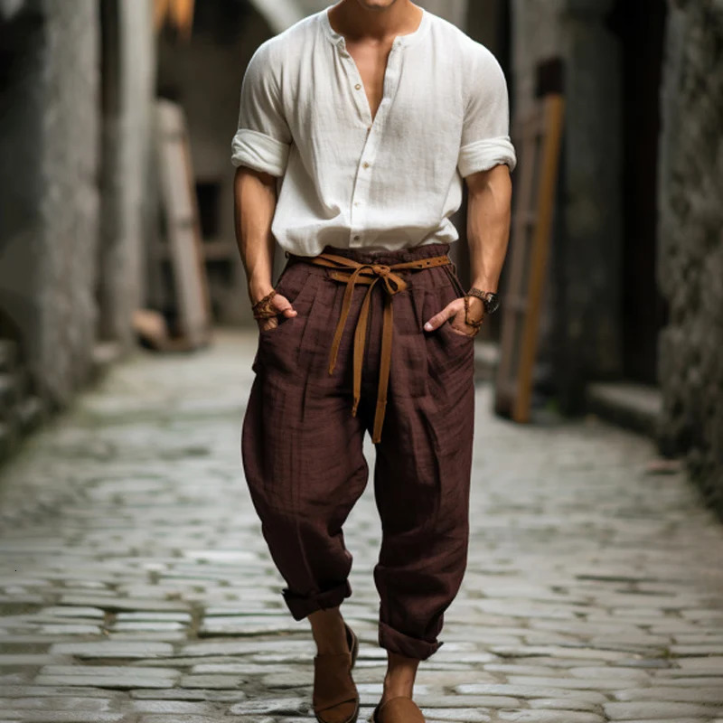 Streetwear Vintage Laceup Straight Pants For Men Casual Solid Color Cotton Trousers Mens Autumn Daily Leisure Breathable 240806