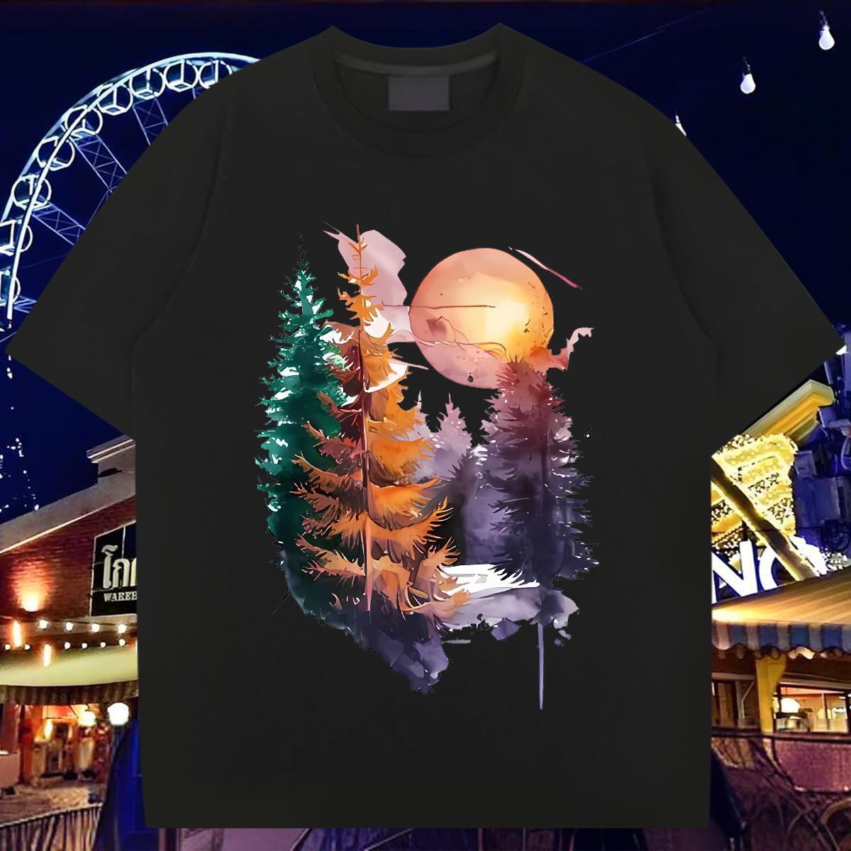 2024 T Shirt For Man 230g Cotton tree Street Tops Shirt O Neck Short Sleeves Loose Fit Couples T Shirts White Plus Size
