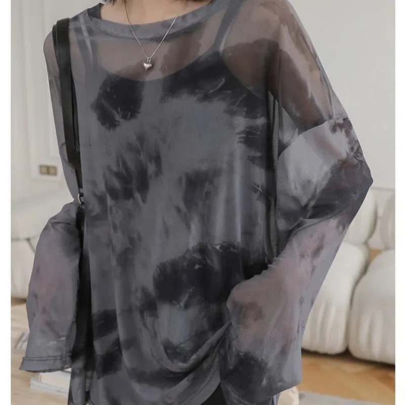 Spring Autumn Fashion Printing Tie Dye Loose T-Shirts Womens Clothing O Neck Long Sleeve Simplicity Gauze Thin Slim Korean Tops 240806