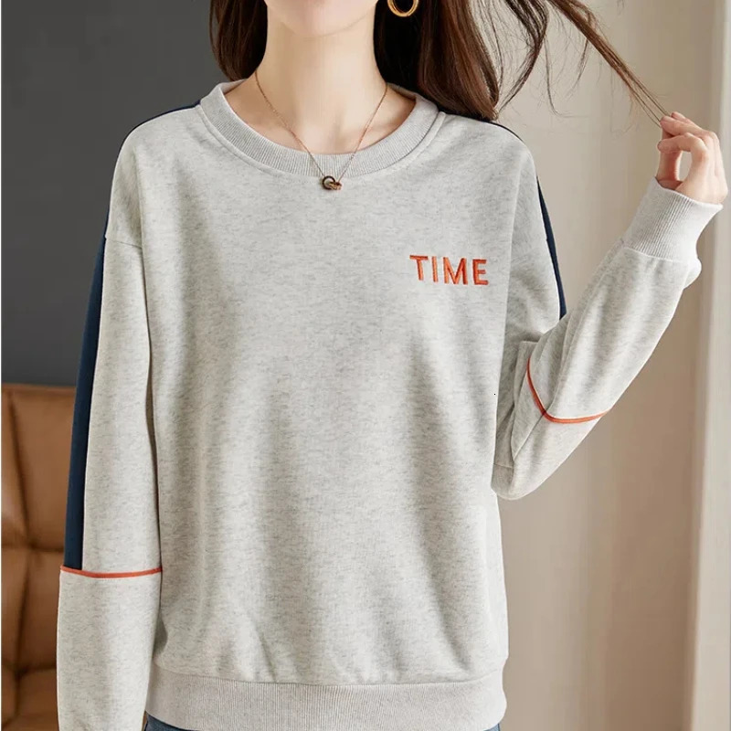 Korean Fashion Spring Autumn Womens O-Neck Letter Embroid Contrast Color Patchwork Casual Loose Long Sleeve Sweatshirts Tops 240806