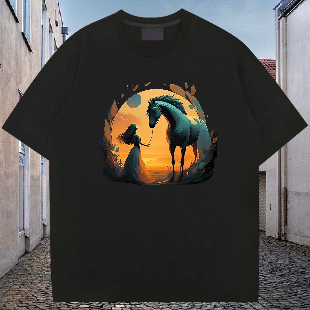 Fashion Design T Shirt For Man 230g Cotton horse Anime Printing Street Tops Crew Neck Cool Design Tshirts Oversized