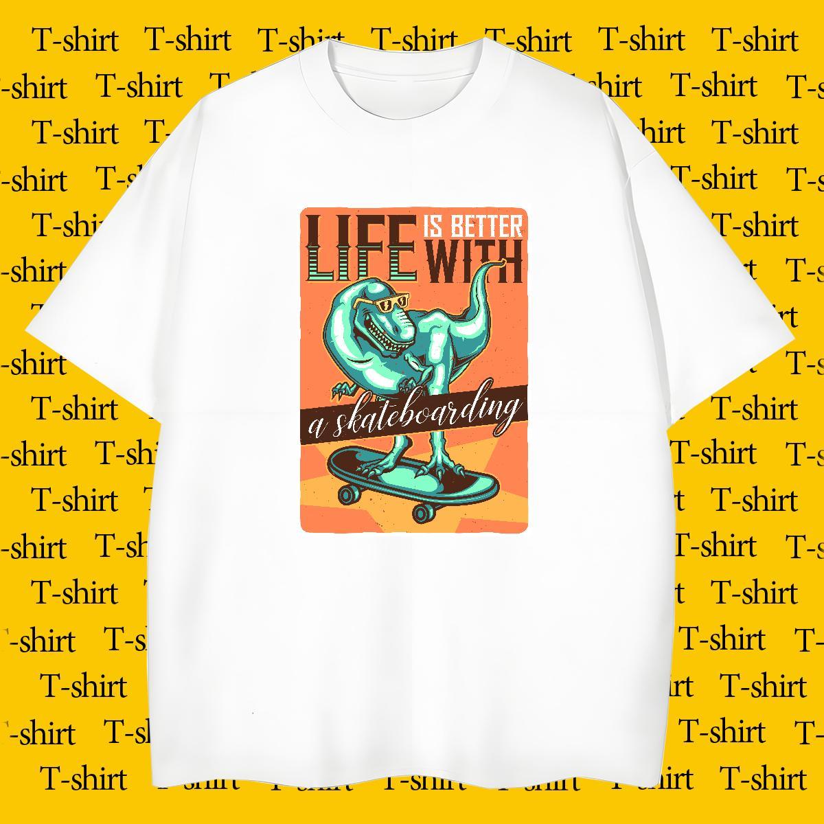 T shirt 230g Cotton dinosaur Anime Printing Street Breathable Short Sleeve Black Oversized Men Tops Tees Fashion Popular Tees Shirts