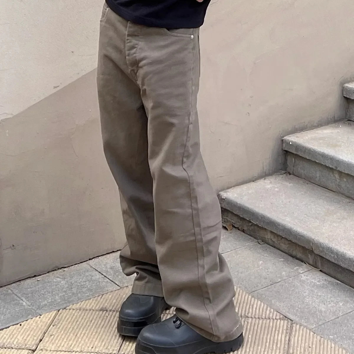 American Vintage Washed Coffee Color Loosefit Casual Straightleg Denim Trousers For Men Trendy Pants 240806