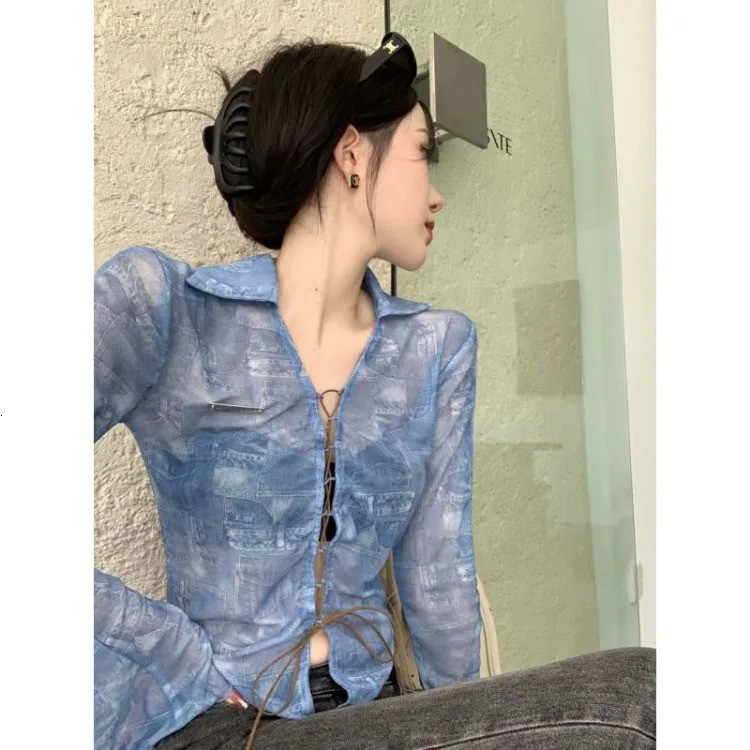 summer slim lace cardigan American retro blue lapel collar top womens Y2k Grunge long sleeved Blusas Mujer 240827