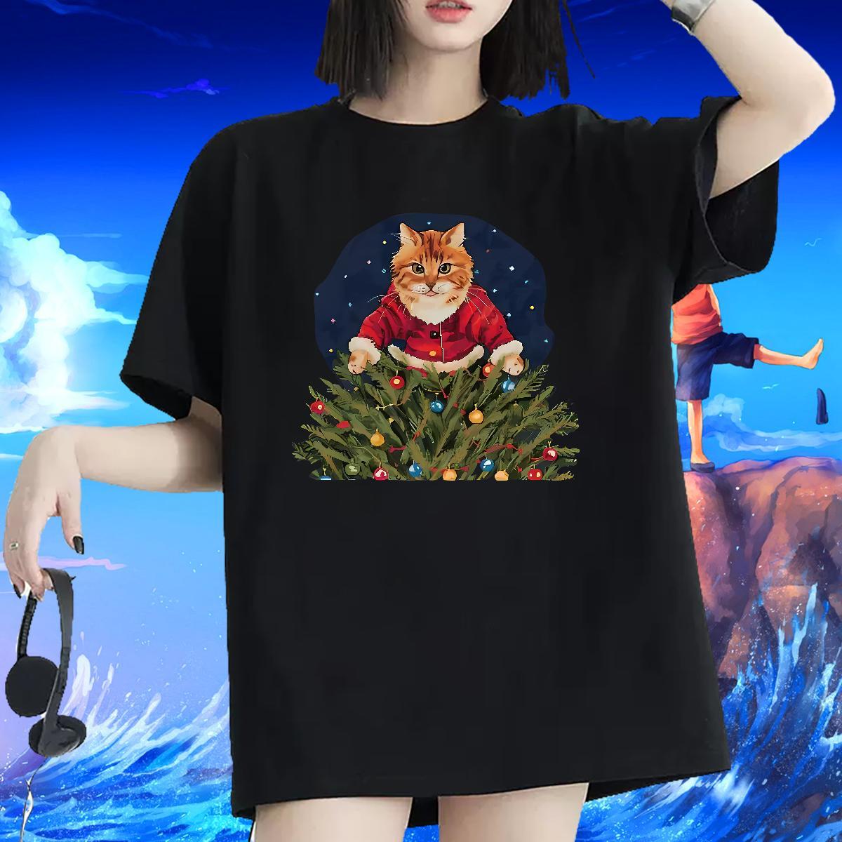 Free Shipping T Shirts Women Breathable Crew Neck Woman Tshirt Cartoon Printing L-4XL cat Street Wear 100% Cotton 230g Classic Clothes Shirt
