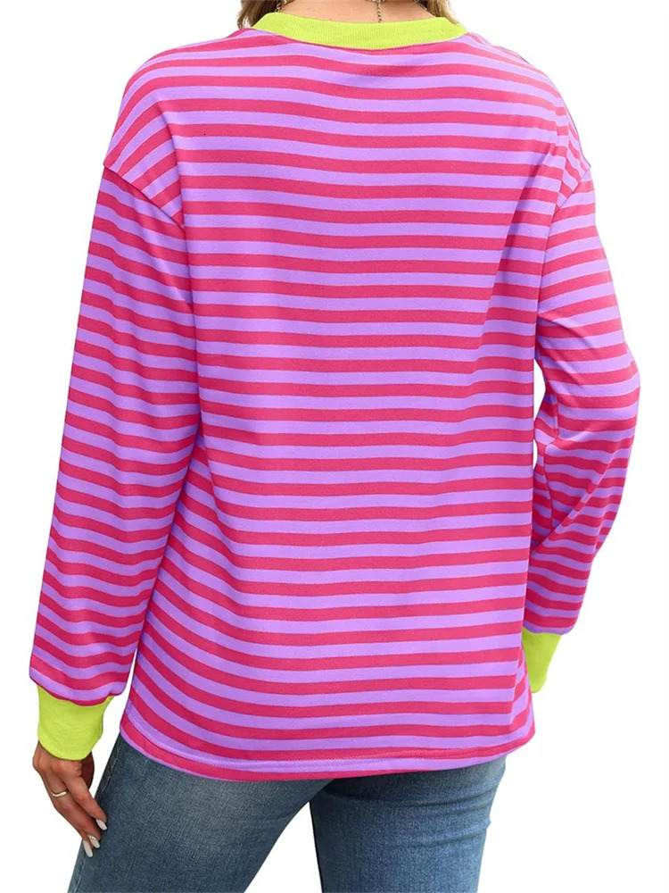 CHRONSTYLE Women Long Sleeve T-shirts Tops Striped Print Round Neck Spring Fall Casual Loose Fit Tees Shirts Streetwear 240806