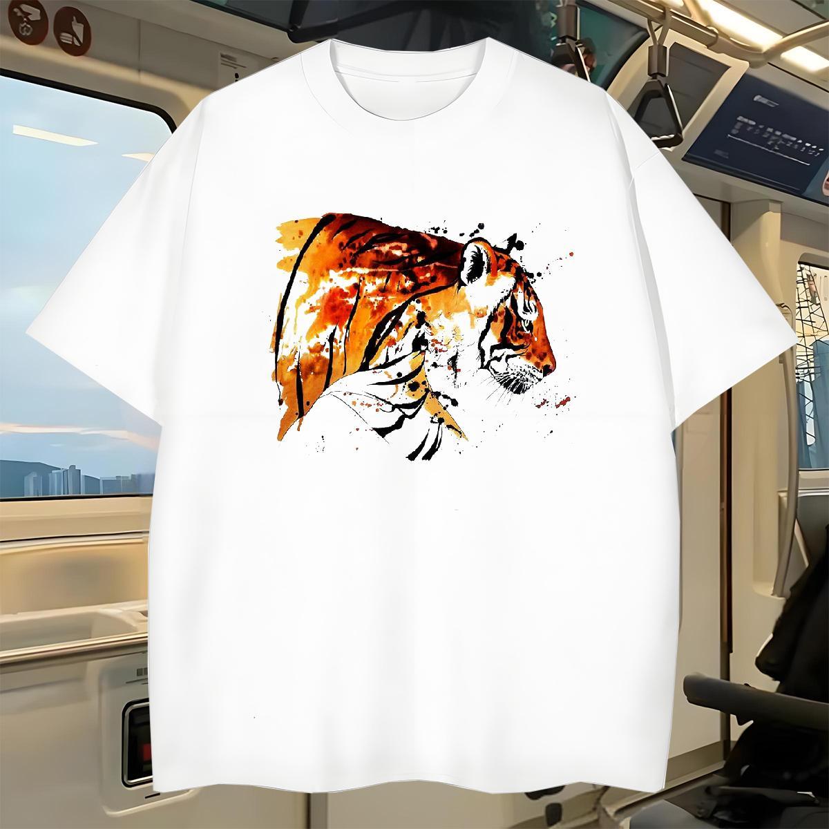 2024 New T Shirt For Man 230g 100% Cotton tiger Sport Clothes O-Neck Short Sleeve Comfortable Men Tees Plus Size Cartoon