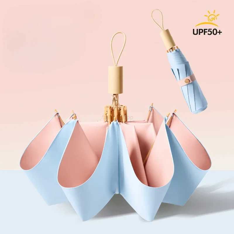 Wooden Umbrella 8 Ribs Solid Color Automatic Folding Rain Sun Protection UV Advanced Sensing Female Parasol Shade AccessoryXJ240806