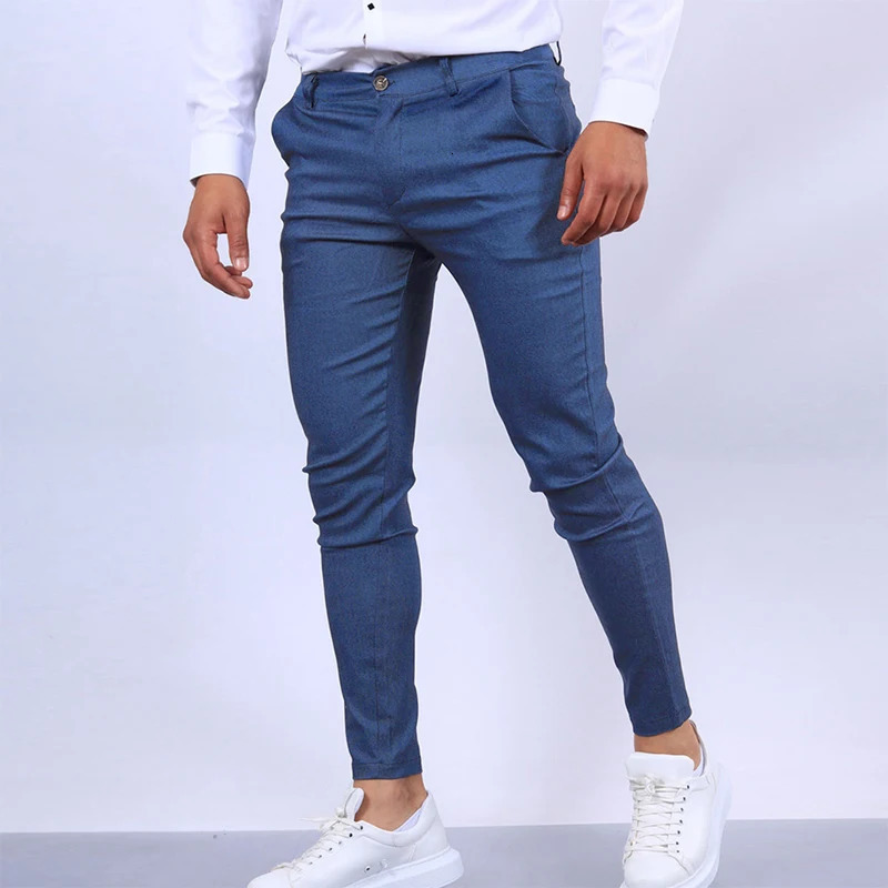 Spring Mens Casual Pants Streetwear Fashion Pure Color Mid Waist Slim Fit Pencil For Male Vintage Pleated Suit Trouser 240806