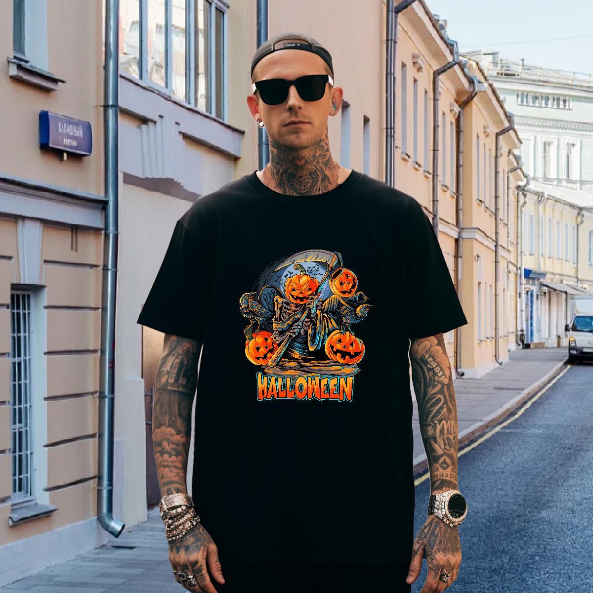 T-Shirts for Men 230g 100% Cotton Halloween Street Breathable Short Sleeve Floral Print Couples T Shirts Free Shipping Loose Tops Tees