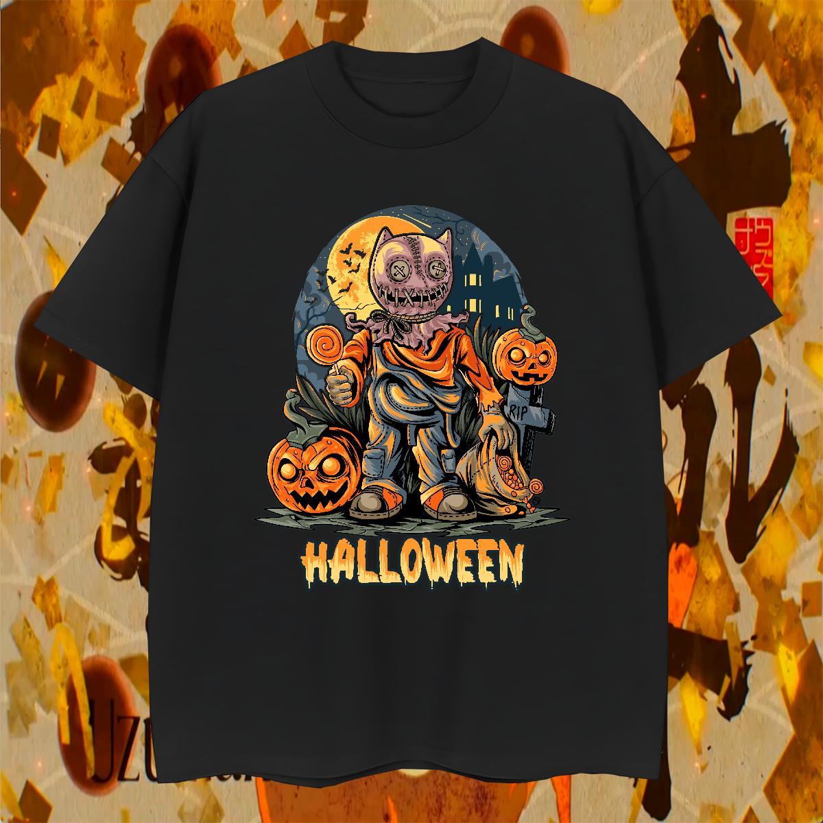 Comfortable T shirt pumpkin Breathable Crew Neck Daily Outfit Cartoon Print 230g Cotton Couples T Shirts Fashion Tees Shirts