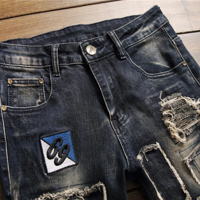 Men Jeans Vintage Washed Print Denim Trousers Stretch Casual Slim Pencil Pants Patchwork Cargo Pants Fashion Streetwear Skinny 240806