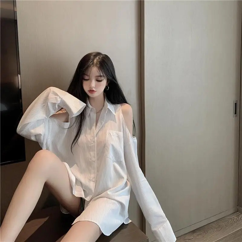 Womens Shirt And Blouse Off Shoulder Thin Style Female Tops Striped Collection Tall Pretty M Aesthetic Promotion 240806