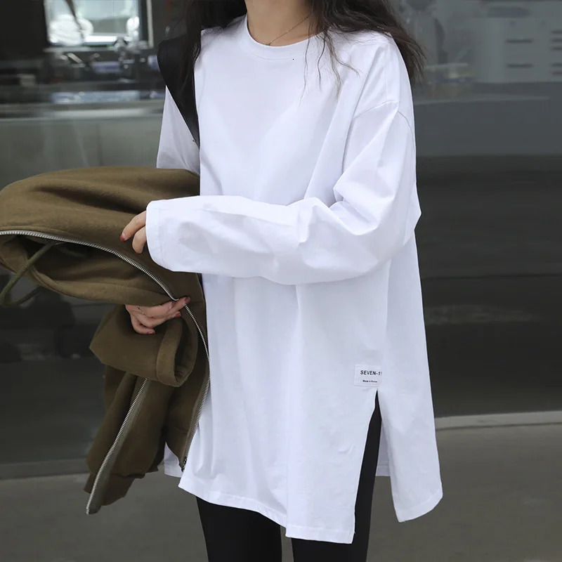 Womens Solid Color Split Long-Sleeved T-Shirt Korean Spring And Autumn Ladies Casual Loose Tops Bottoming White Shirts 240806