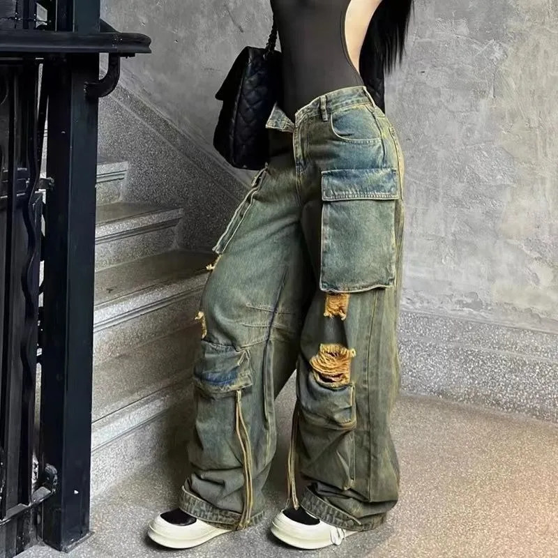 American Vintage Multi-pocket Jeans Female Y2K Street Hip Hop Fashion Hole Baggy Casual Joker High Waist Wide Leg Mop Pants 240806