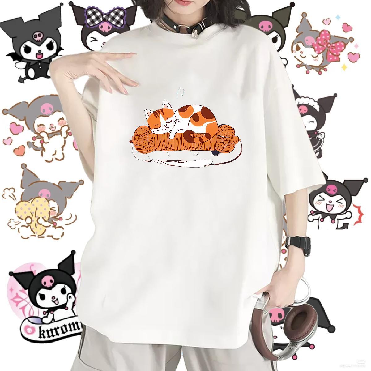 Loose T Shirts Women O-Neck Short Sleeve Women Tees DIY Anime Printed cat Casual 230g Pure Cotton TOP Quality Wear
