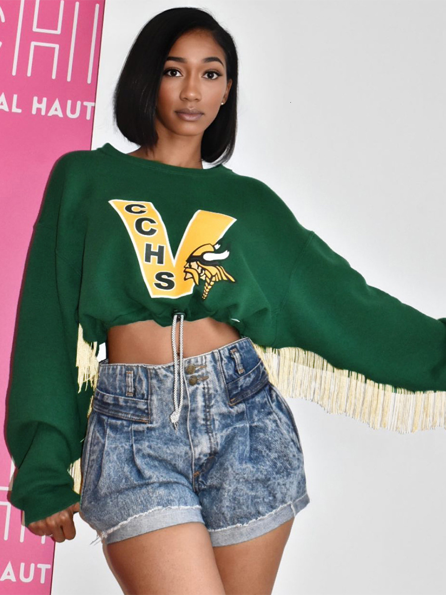 Women's autumn and winter new round neck long sleeved letter printed drawstring waist cinching short tassel sweatshirt