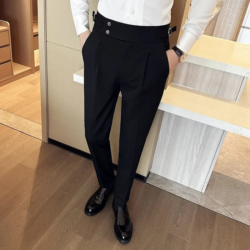 Autumn Winter High Waist Business Dress Pants Men Casual Belt Design Slim Suit Formal Wedding Social Party Male Trousers 240806