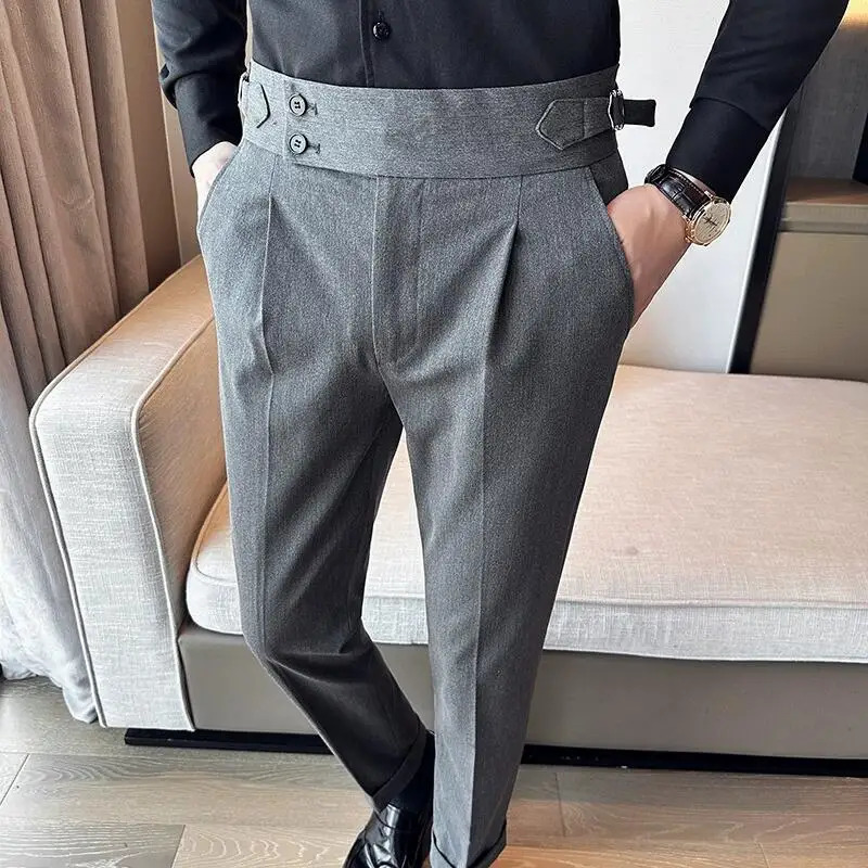 Autumn Winter High Waist Business Dress Pants Men Casual Belt Design Slim Suit Formal Wedding Social Party Male Trousers 240806