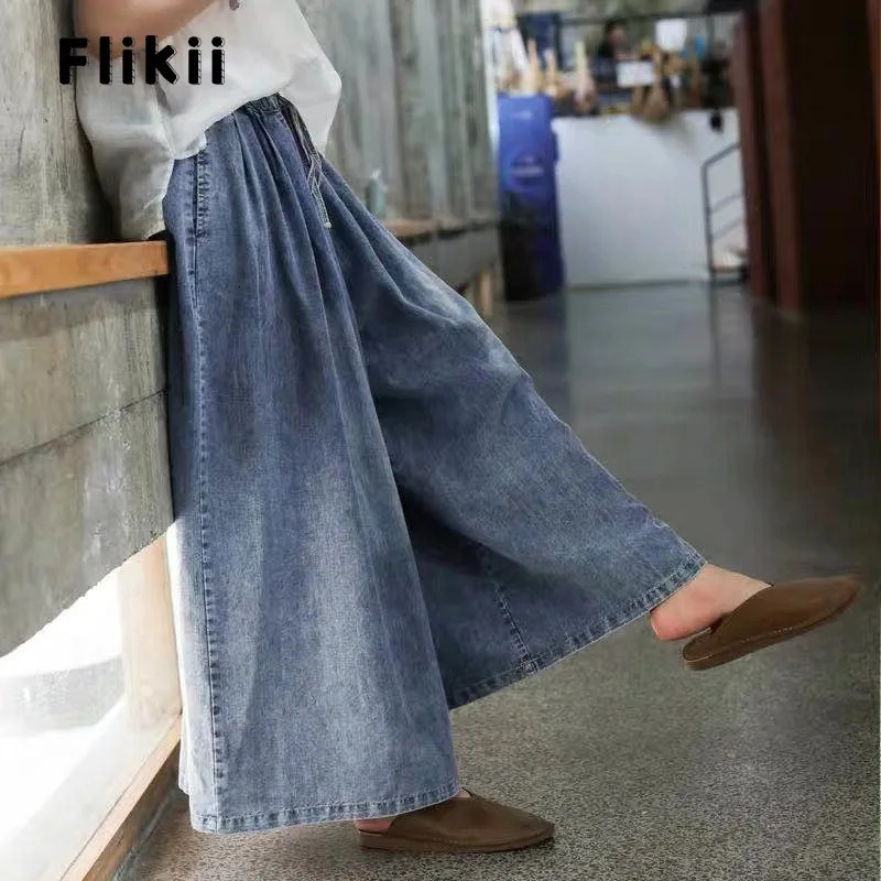American Retro Elastic Waist Oversized Jeans Women Casual Baggy Pocket Y2K Pants Wide Leg Grunge Streetwear Solid Denim Trouser 240806
