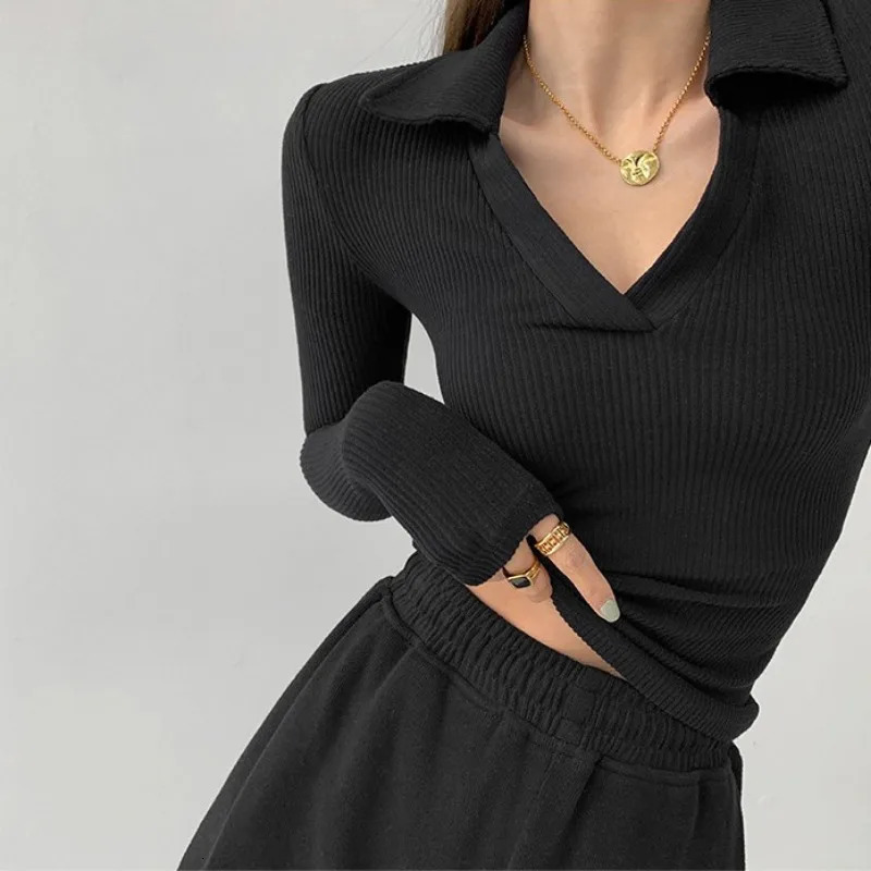 Sexy V-Neck Slim Fitness Womens T-Shirt Fashion Long Sleeve Polo Shirt Woman High Waist Cropped Tops 240806