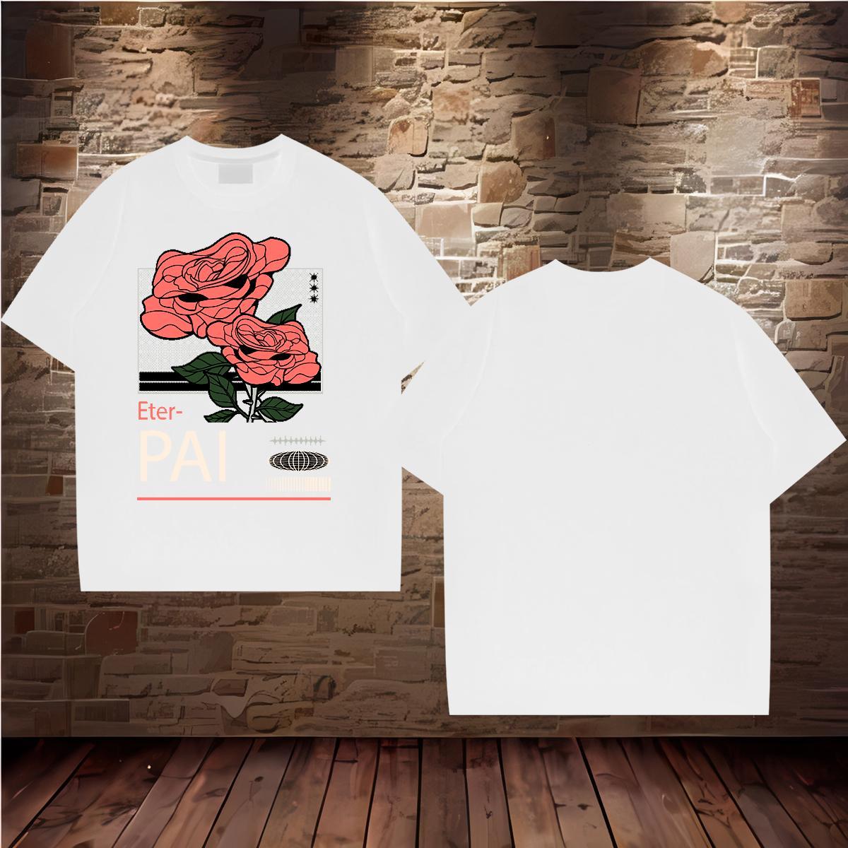 New Designer T-Shirts for Men 230g 100% Cotton flower Summer Casual Clothes O-Neck Short Sleeve Wholesale Men Clothes T-Shirt Anime