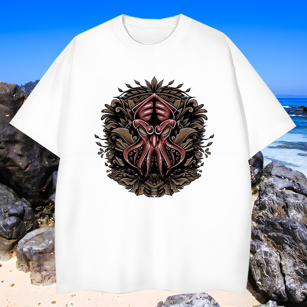 Soft Tshirts 230g Pure Cotton octopus Mens T Shirts Summer Casual Breathable Short Sleeve Custom Cartoon 2024 New Tees