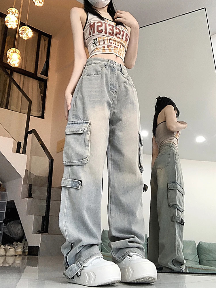 Womens Blue Cargo Jeans Harajuku 90s Streetwear Denim Trousers Y2k Jean Pants Vintage Japanese 2000s Style Trashy Clothes 240806