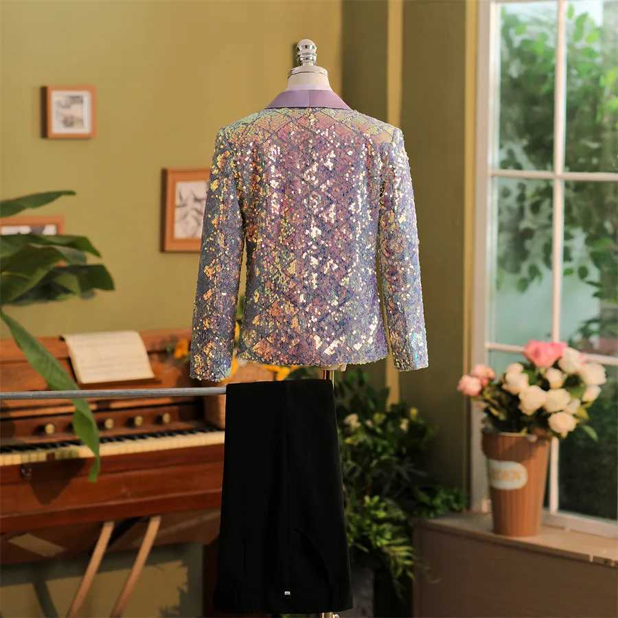 Suits Boys Purple Sequined High End Suit Set Childrens Catwalk Stage Host Performance Photography Wedding Costume Kids Blazer