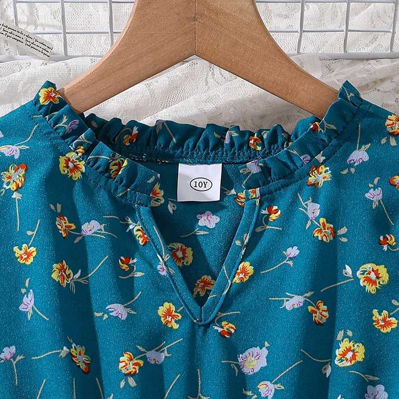 Childrens clothing girl dress 8-12 years old blue long sleeved elastic waist floral print fashion styleW240720