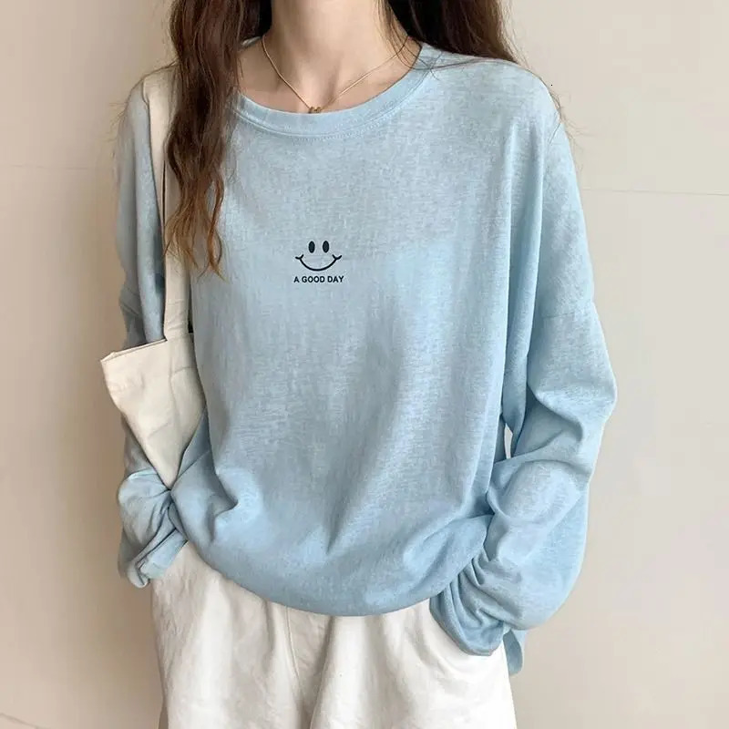 Summer White Ice Silk Letter Print Thin T Shirts Long Sleeve Solid Color Loose Casual Tops Tees Fashion Trend Women Clothing 240806