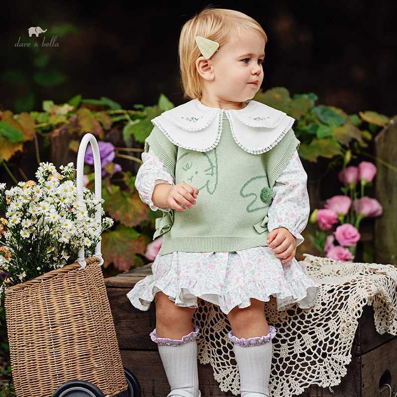 Dave Bella Childrens Tank Top New O-neck Sweater Underwear Green Sleeveless Loose Tank Top Preschool Girls Spring Dress DB1247793W240724