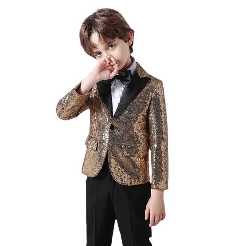 Suits Childrens High-end Gold Sequin Suit Boys Piano Performance Party Host Costume Kids Fashion Blazer Jackets Bowtie Clothes