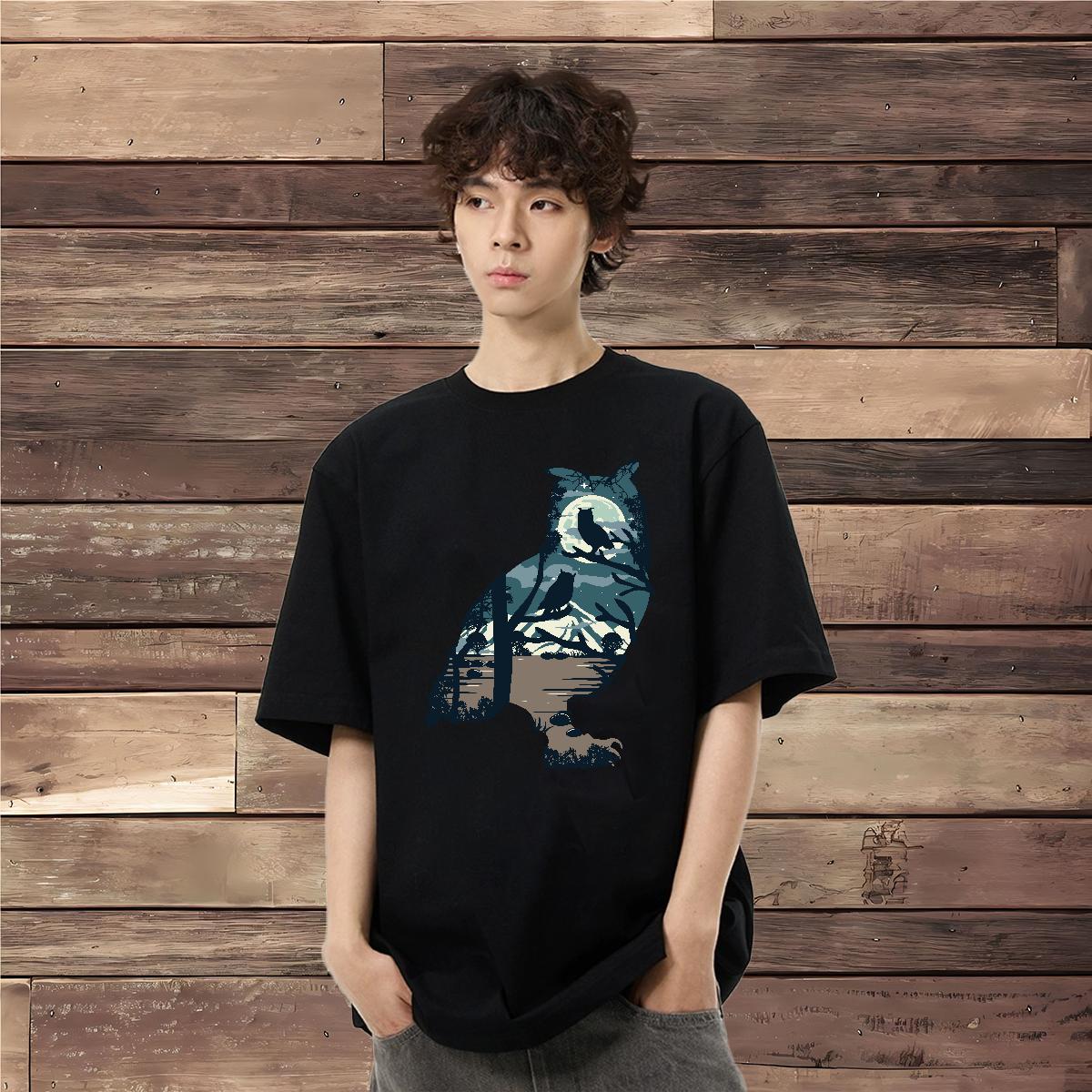 Designer Fashion T Shirt For Man 230g Cotton Owl Sport Tops Tees O Neck Short Sleeves Cool Men Tees Cartoon Print